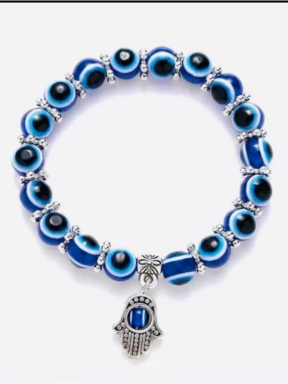 2 Blue Evil Eye Beaded Bracelets. -1 with Hamsa Charm -1 with Butterfly Charm